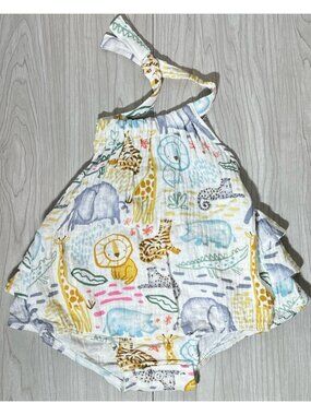 Mud Pie 3-6m NWOT Jungle Zoo Animal safari bubble romper halter ruffles cotton
